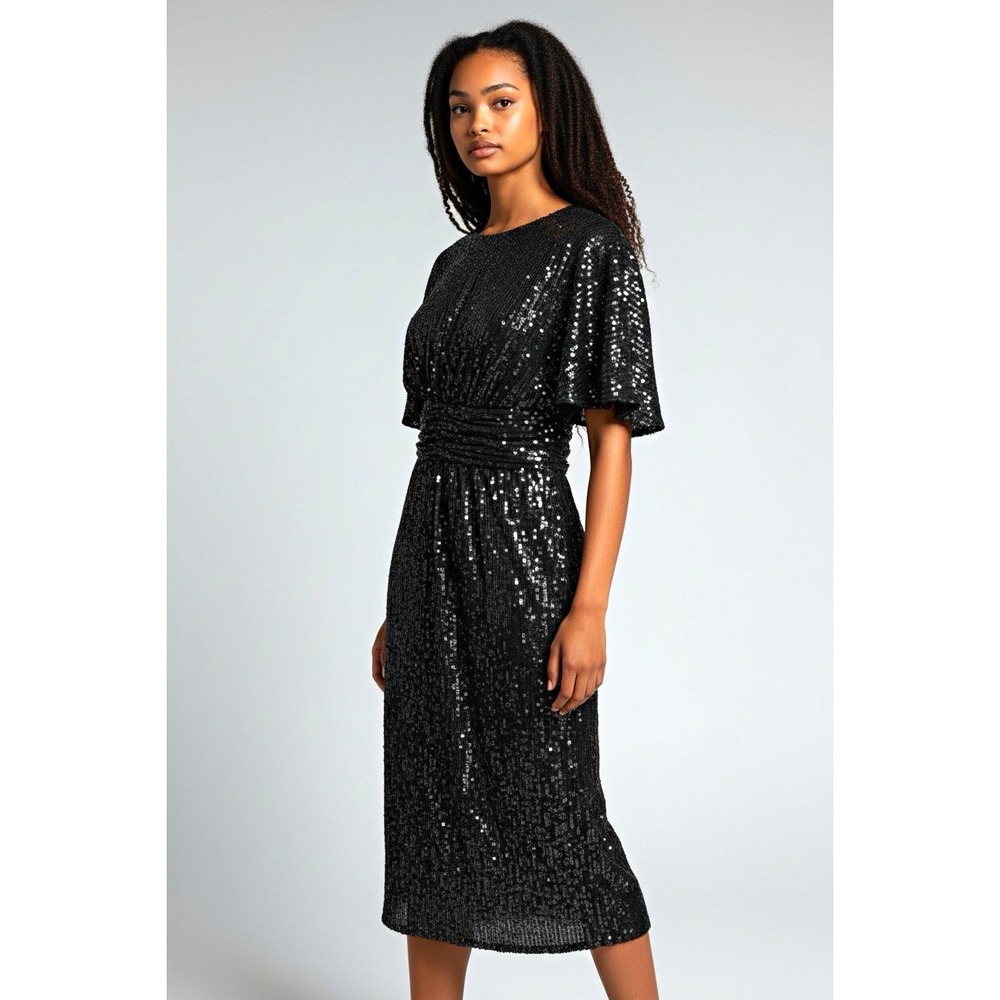 Calvin Klein Womens Size 2 Black Sequin Midi Dress Ruched Waist NWT Party